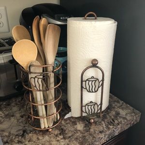Copper matching paper towel and utensil holder.